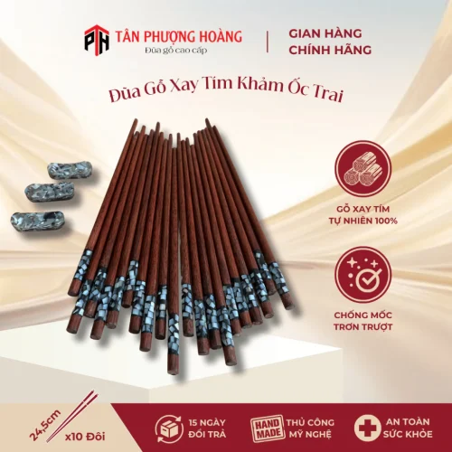 Đũa Gỗ Xay Tím Khảm Ốc Trai Tự Nhiên 24.5cm