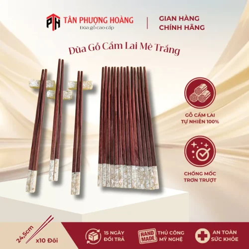 Đũa Gỗ Cẩm Lai Cẩn Ốc mè Trắng (Vuông) Tự Nhiên 24-25cm Chất Lượng Cao