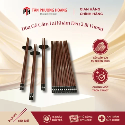 Đũa Gỗ Cẩm Lai Khảm Đen 2 Bi , Đũa Vuông Gỗ Tự Nhiên 24.5cm Chất Lượng Cao