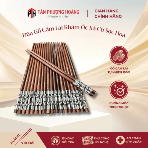 Đũa Gỗ Cẩm Lai Khảm Ốc Xà Cừ Sọc Hoa, Gỗ Tự Nhiên 24-25cm Chất Lượng Cao